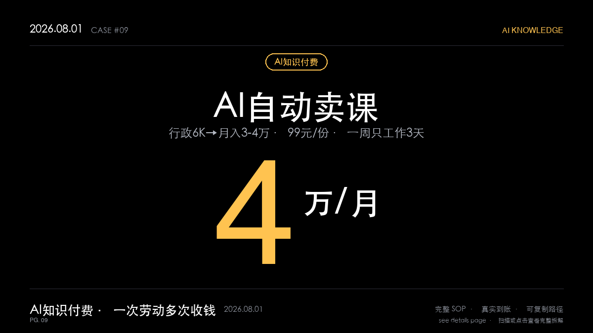 图片[1]-AI知识付费赚钱SOP实操：行政月薪6K到月入3-4万（一次劳动多次收钱+AI自动化80%全拆解）-格赚_GEZHUAN_AI落地案例库_一人公司赚钱模式_中小企业AI转型服务
