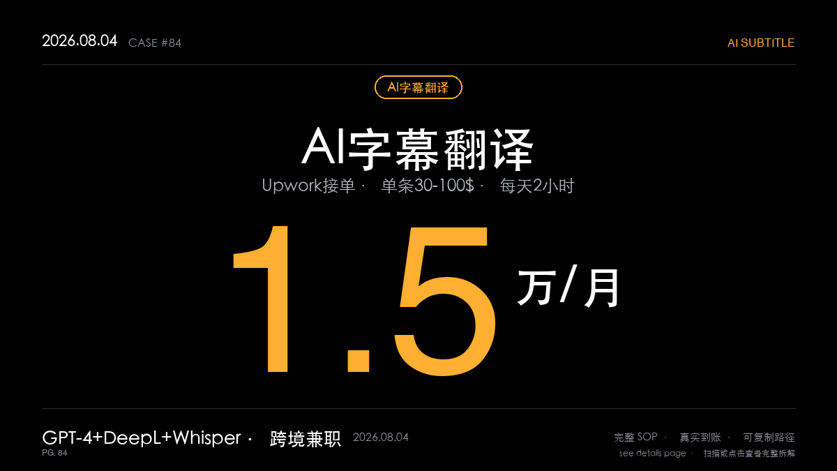 AI字幕翻译跨境赚钱：Upwork接单月入1.5万，AI把效率放大5倍全拆解