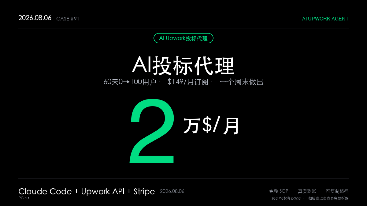「AI Agent赚钱SOP实操:一个周末做出Upwork投标代理,60天月入2万美元(订阅定价+超级渠道引爆5步法)」
