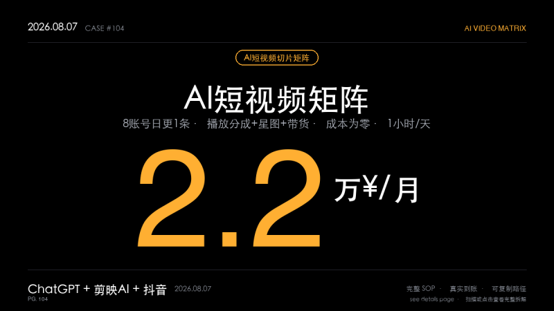 「AI短视频切片矩阵赚钱实操：31岁自由职业者8账号月入2.2万（批量剪辑+三渠道变现SOP）」-格赚 | AI赚钱案例库 - 一人公司赚钱模式与AI副业项目实操