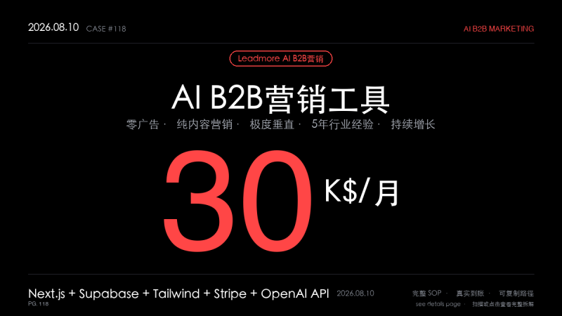 「AI B2B营销工具赚钱SOP拆解：前大厂工程师做Leadmore AI月入3万美元（垂直细分+内容获客+按量计费5步法）」-格赚 | AI赚钱案例库 - 一人公司赚钱模式与AI副业项目实操