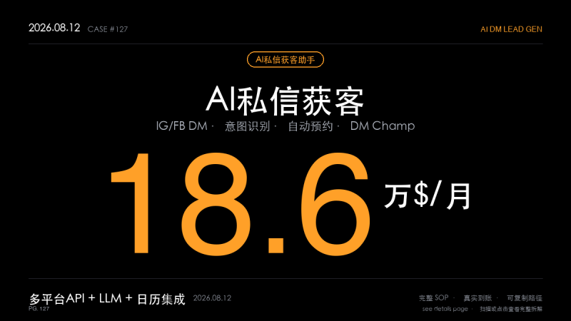 「AI私信获客助手赚钱SOP拆解：用社媒自动化把Instagram私信变成月入18.6万美元的预约引擎（多平台API+意图识别+自动预约4步法）」-格赚 | AI赚钱案例库 - 一人公司赚钱模式与AI副业项目实操
