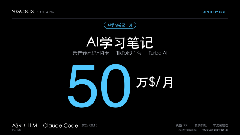 「AI学习笔记工具赚钱SOP拆解：大学生创始人自拍TikTok零投放做到月入50万美元（录音转笔记+闪卡+测验+0广告4步法）」-格赚 | AI赚钱案例库 - 一人公司赚钱模式与AI副业项目实操