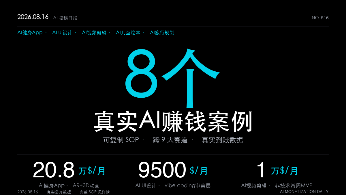 「8个AI赚钱真实案例|2026年8月16日:独立开发者靠AR+3D动画做AI健身App月入20.8万美元,非技术创始人用vibe coding两周做出月入1万美元的短视频工具(可复制SOP全拆解)」