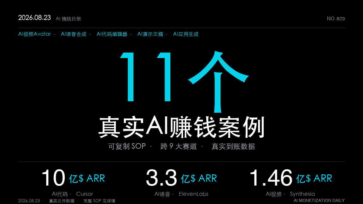 「11个AI赚钱真实案例|2026年8月23日:AI视频Avatar年入1.46亿美元、AI语音合成年入3.3亿美元、AI代码编辑器年入10亿美元、AI演示文稿年入1.02亿美元、AI应用生成年入1亿美元(可复制SOP全拆解)」