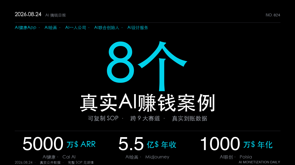 「8个AI赚钱真实案例|2026年8月24日:19岁高中生AI拍照算卡路里年入5000万美元被收购、零融资AI绘画年入5-6亿美元、一人公司月入近百万美元(可复制SOP全拆解)」